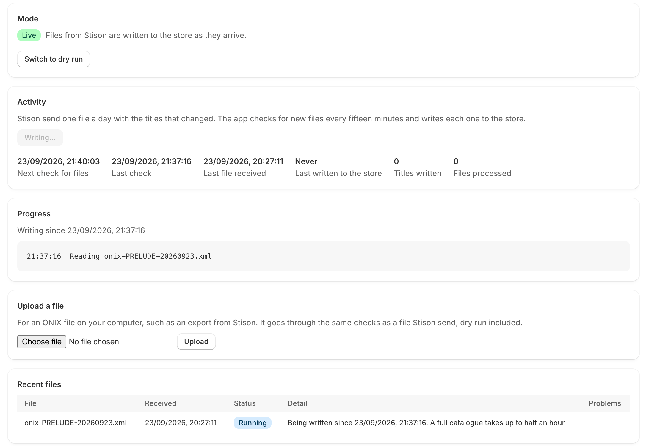 The app's dashboard in Live mode, with a file being written, the Progress log, Upload a file and Recent files