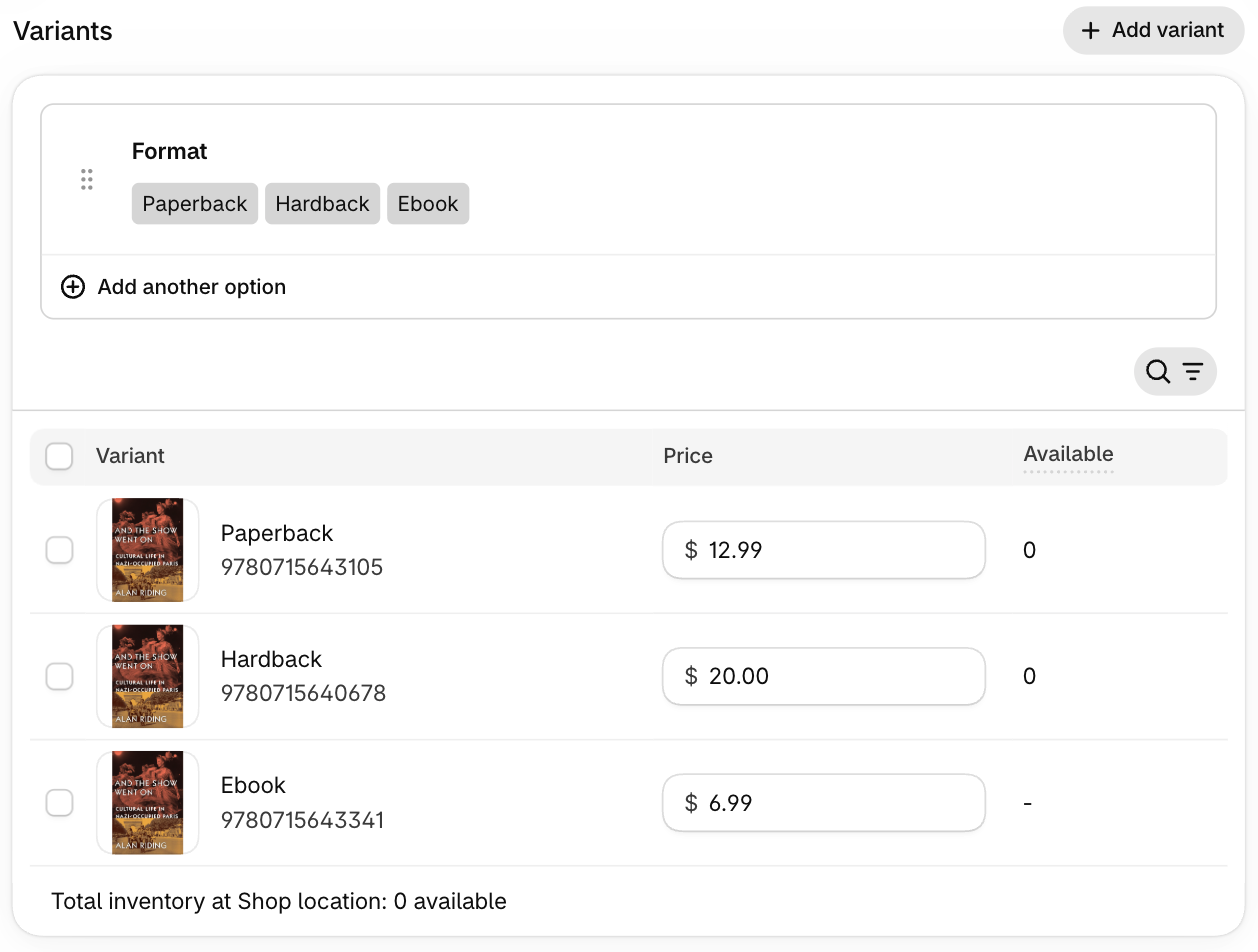 A product in Shopify admin with Paperback, Hardback and Ebook variants under the Format option