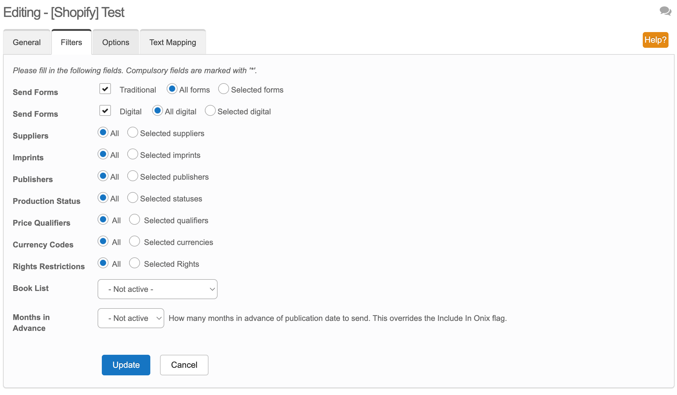 Stison's destination form, Filters tab, with every filter on All
