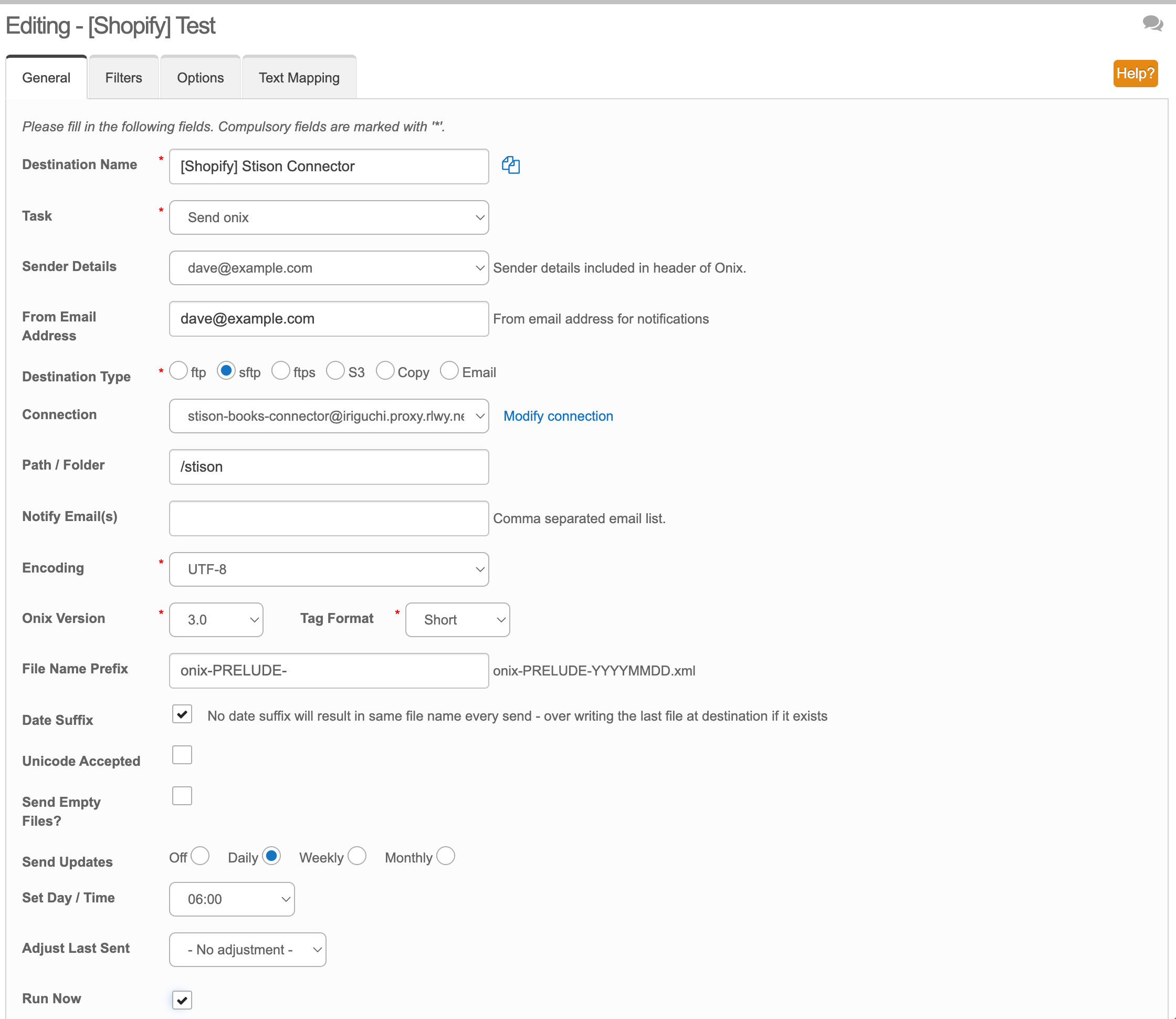 Stison's destination form, General tab, filled in for the app