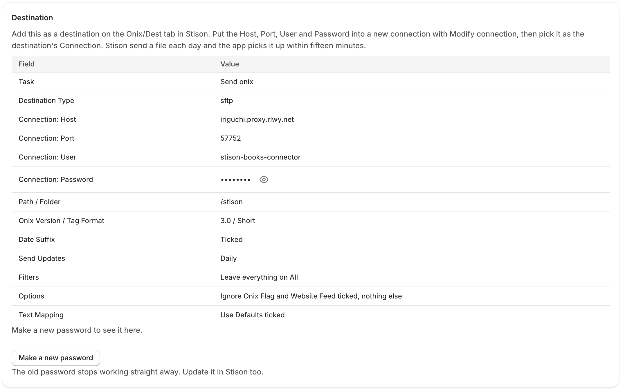 The Stison setup page with the destination table and the password hidden behind an eye icon